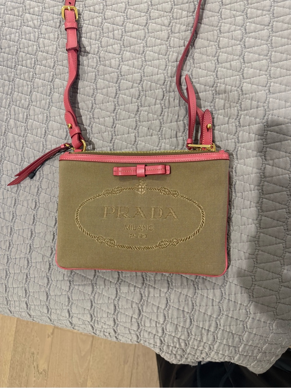 Prada Beige Canvas Crossbody with Pink Trim